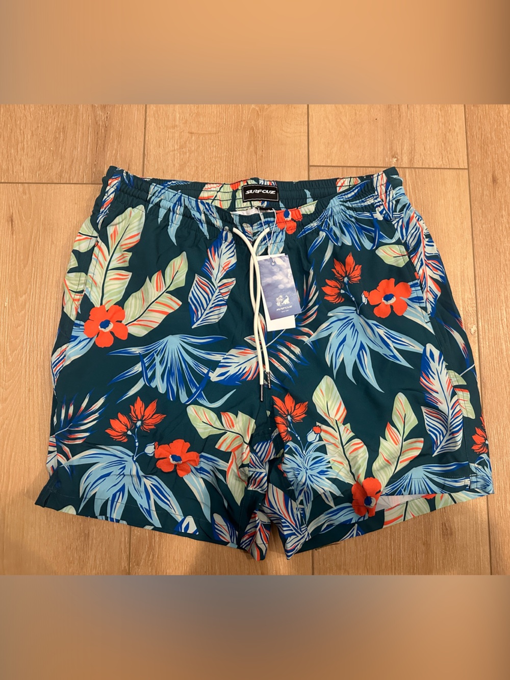 Tropical Floral Swim Shorts - Teal with Coral Flowers